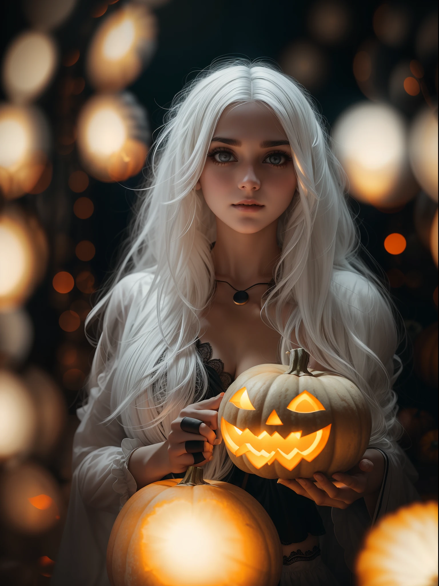 White hair Girl with Halloween shot with dslr, blurred background, holding glowing pumpkins, soft stidio lights, 8K resolution, best quality