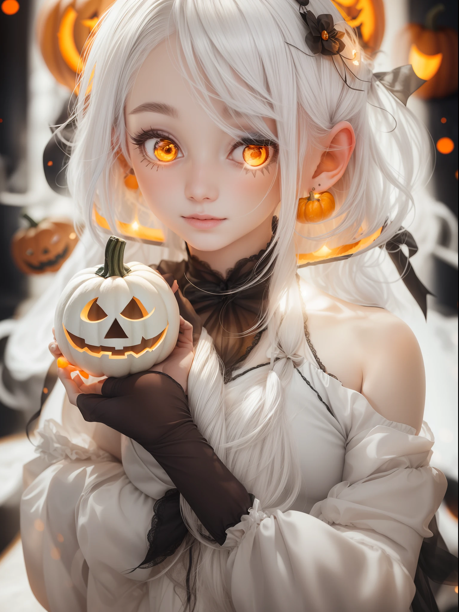 White hair Girl with Halloween shot with dslr, blurred background, holding glowing pumpkins, soft stidio lights, 8K resolution, best quality