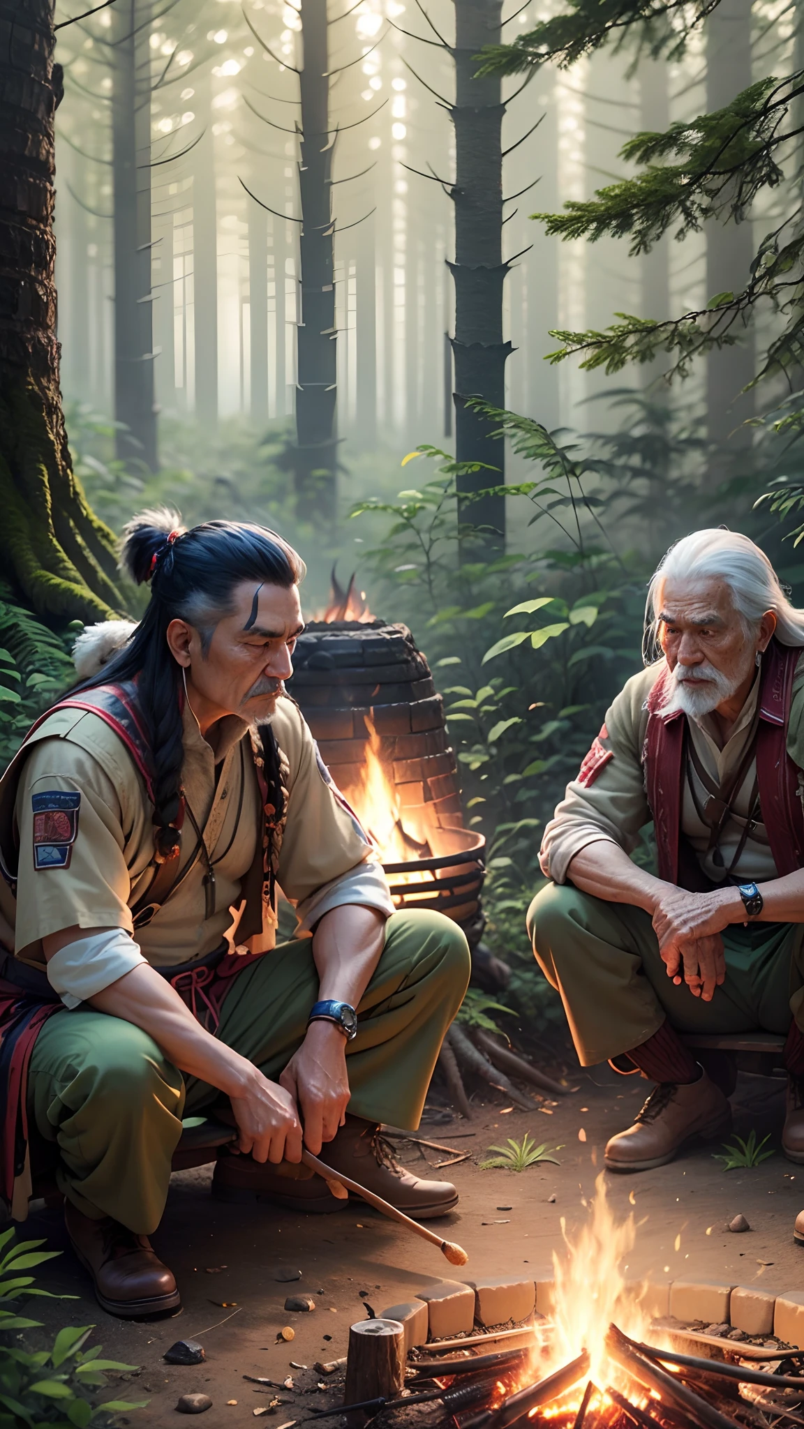 Description: Create a group of elderly Apache men, Characteristics: wearing typical Apache clothing Scenario: in the forest, gathered Action: meeting in the middle of a campfire Quality: Ultra realistic photo, 8k quality, fullHD - --auto --s2