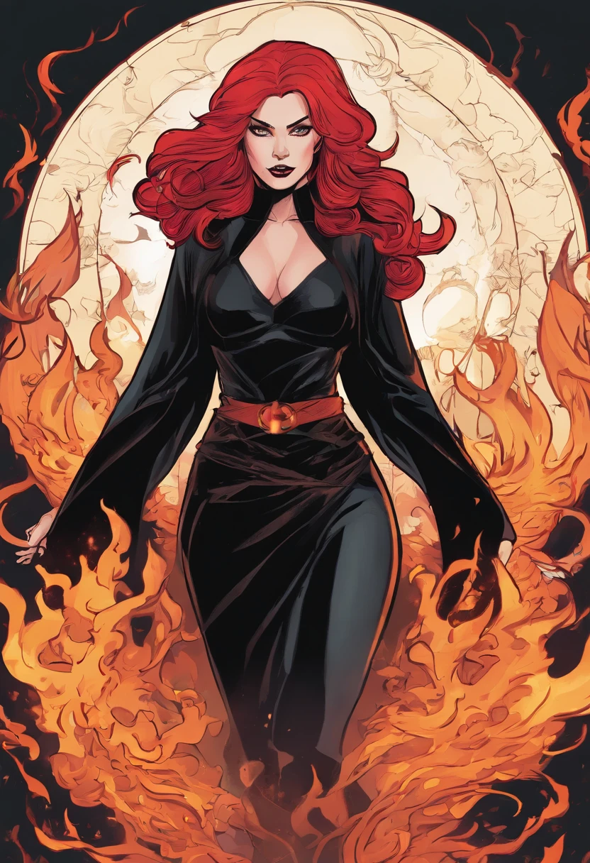 A woman stands, witchy, black dress, Scarlet hair,. There is a flame around, Dark color scheme, An evil expression on his face, danger