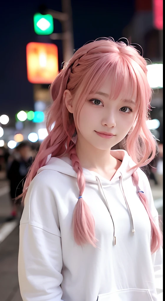 女の子1人、on tokyo street、natta、A city scape、city light、The upper part of the body、up close shot、Blue eyes,Full body,faces、(A smile:1.5)、small tits、Black long-sleeved hoodie、(8K、Raw photography、top-quality、​masterpiece:1.2)、(realisitic、photoRealstic:1.37), (Pink hair), Ear Hair, small tits, Single braid, (Single braid), (Side braid)