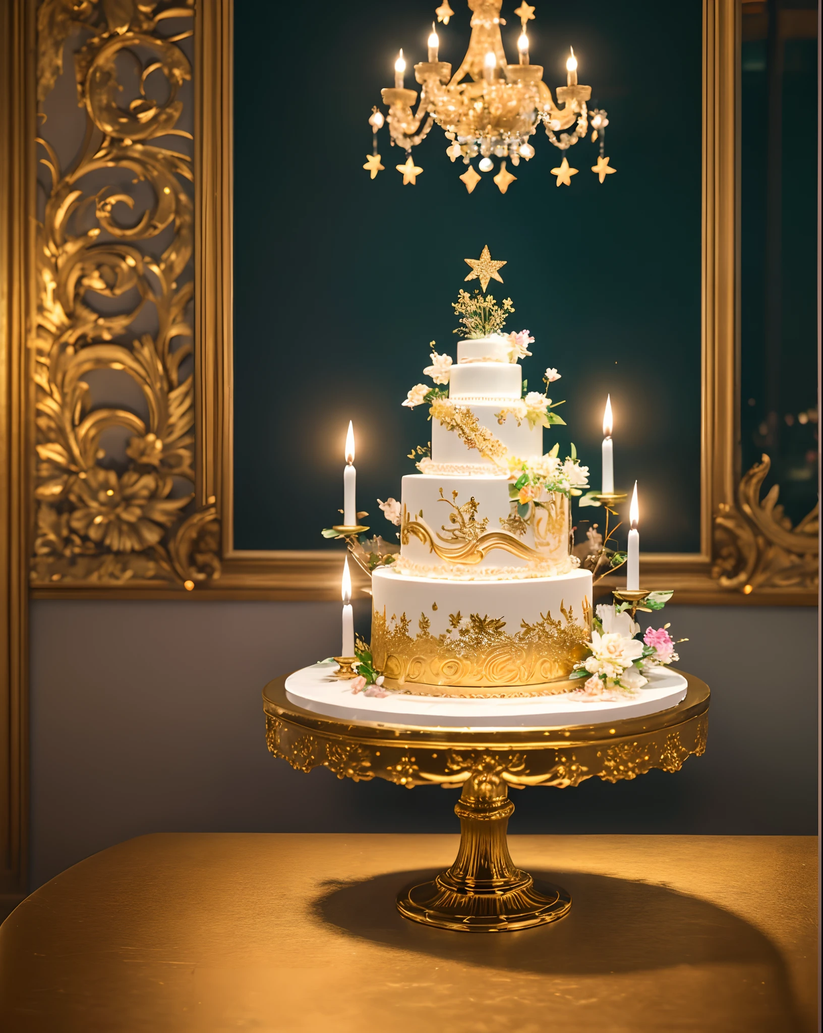 (Best quality,4K,A high resolution,Masterpiece:1.2),Delicate cake,Heavy cream,Decorated with various details，There was a big cake，There are a lot of different ingredients on it, fantasy bakery, Fantasy art Behance, cake art, 3d magical details, Stylized 3 D, 4k highly detailed digital art, 3 d epic illustrations, 4 K detail fantasy, 3 d render stylized, 8K high quality detailed art, fairytale artwork, trend on behance 3 d art，small flower,Leaves and stars that reflect light,seductive appearance,A few colorful candles on the cake,There are exquisite sweets and chocolates nearby,Fine cream,detailed flowers,Vivid colors,Sharp focus,Ultra-detailed,A masterpiece of art,professional,rich deep color,Intricate details,Attractive lighting,astrophotography,framed,Centered,symetry