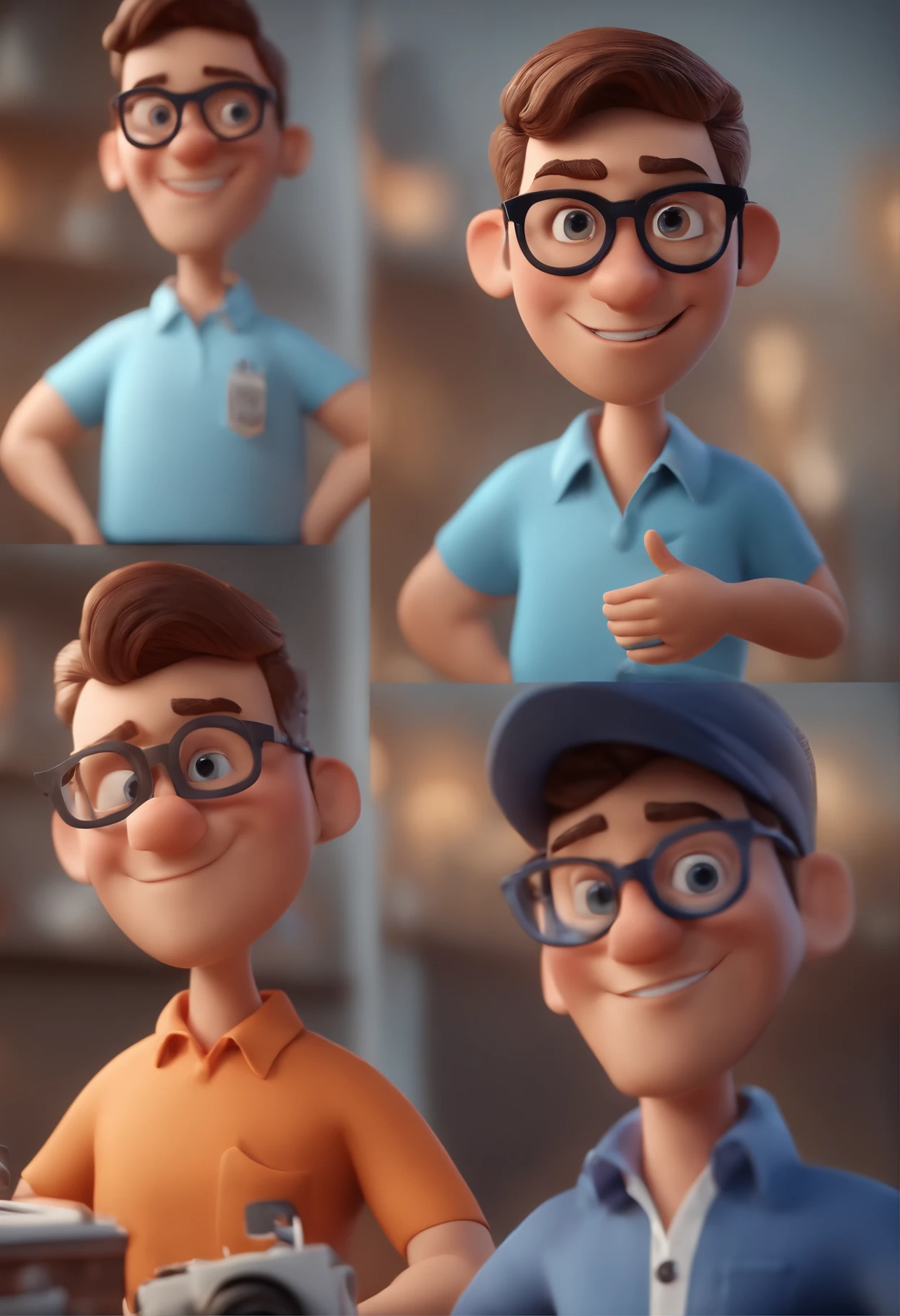 Cartoon character of a man with black glasses and a blue shirt, animation character, Caractere estilizado, animation style rendering, 3D estilizado, Arnold Maya render, 3 d render stylized, toon render keyshot, Personagem 3D, Personagem 3D, 3d rendering stylized, 3 d character render, personagem de desenho animado, Personagem de close up, Pose de personagem, (Estilo Pixar) (master part:1.2) (Bokeh) (best quality) (pele detalhada) (textura detalhada) (8k) (argila) (Cinematic lighting) (foco nítido