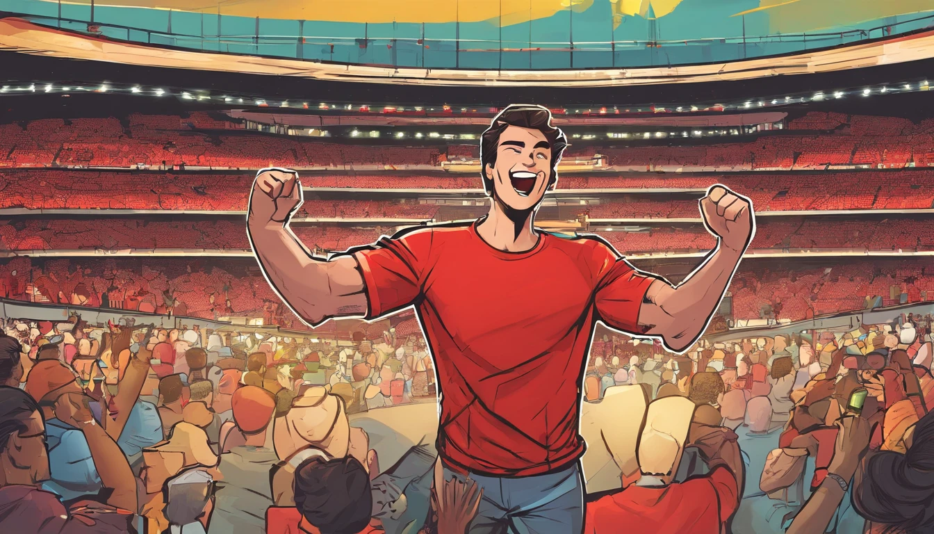 Male fan with 8 fans in a stadium in the background celebrating happily all wearing red t-shirt with 4 black stripes 45 degrees celebrating happy high quality