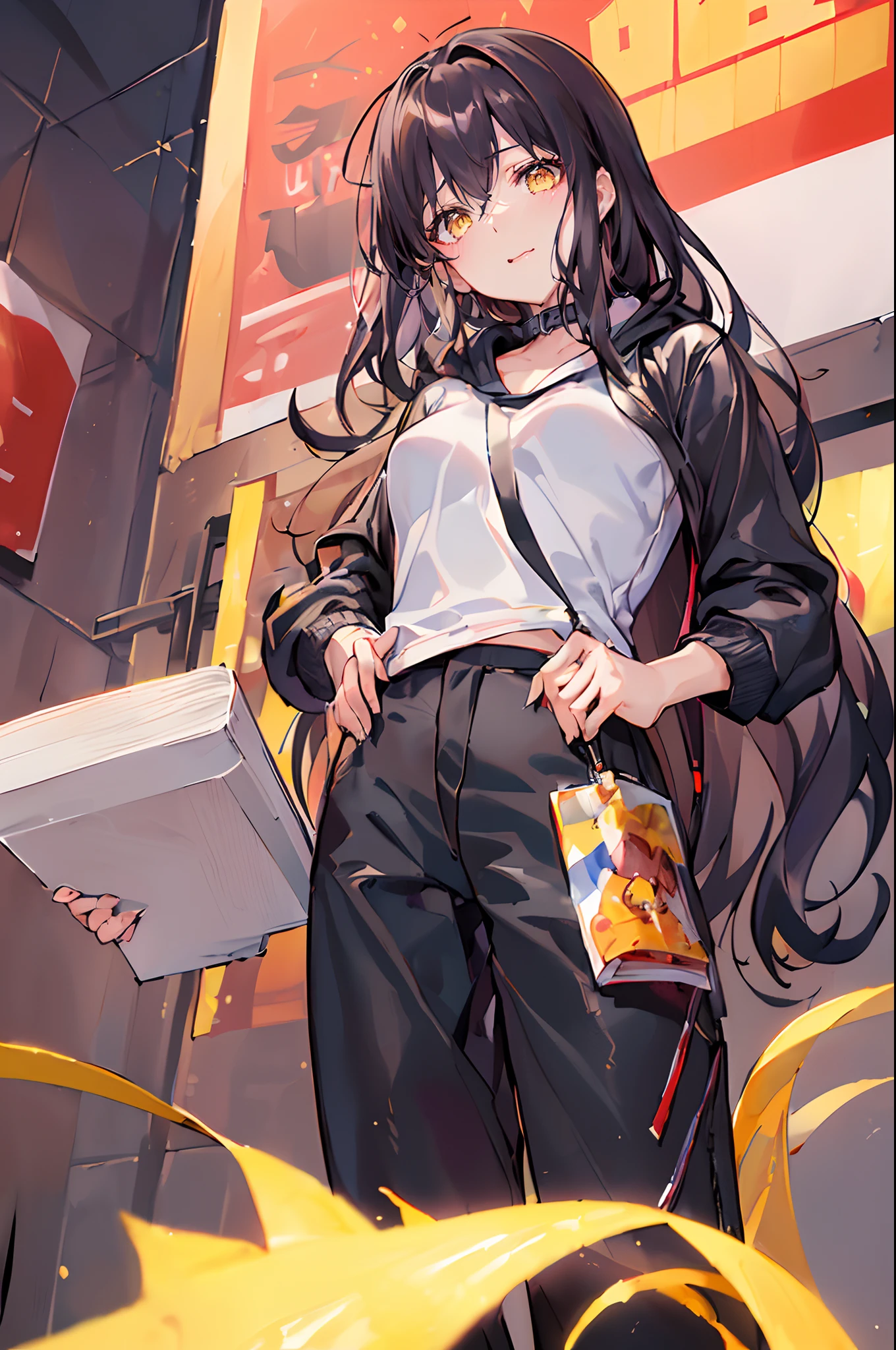 (4K works))、masterpiece、(top-quality)、shopping、Korean female、adult woman、((Adult 26 years old))、((Face similar to Hyunjin))、cool lady、tall、((Glaring expression))、((Sleepy face))、((Strong eyes))、((Wearing a white T-shirt and black hooded jacket、Wear long black pants))、((Wear a black mask))、((Smaller face))、Slim body、((How to stand a sales match))、((Cheeky way of standing))、((Bad girl))、((Black long-haired))、((Yellow eyes))、((shot from front))、((Looking down on the viewer))、((rearing))、Blunt pose、((Shot alone))、((Solo Photography))