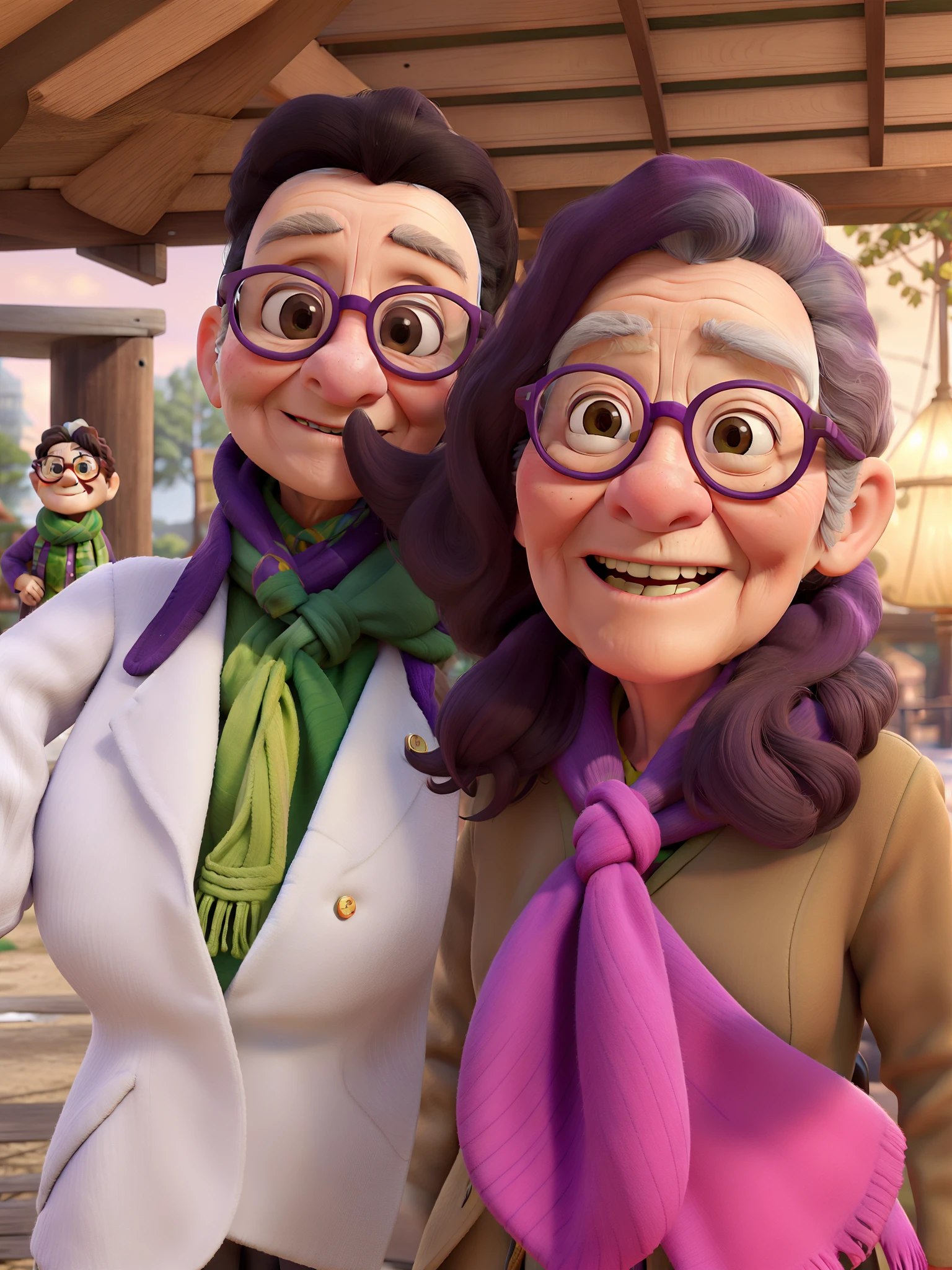 masterpiece, best quality, an old woman with glasses and a scarf on, wearing a purple coat and green scarf, standing at the park