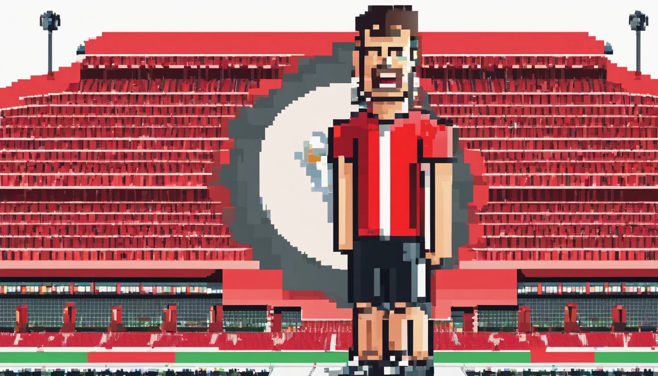 Male fan with 8 fans in a stadium in the background celebrating happily all wearing red t-shirt with 4 black stripes 45 degrees celebrating happy high quality