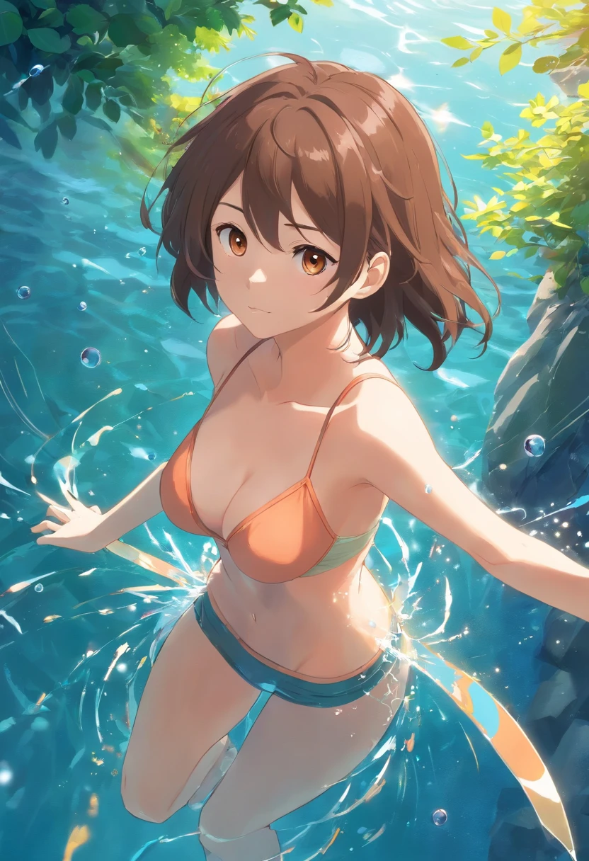 masutepiece, Best Quality, 1girl in, Brown hair, Brown eyes, Long hair, under the water, Air bubble, Solo, Looking at Viewer, Swimming, Dappled sunlight, bared  chest, , Cute Girl, Standing, Cute face, A sexy, naked girl, full length　Pee on the female genitals