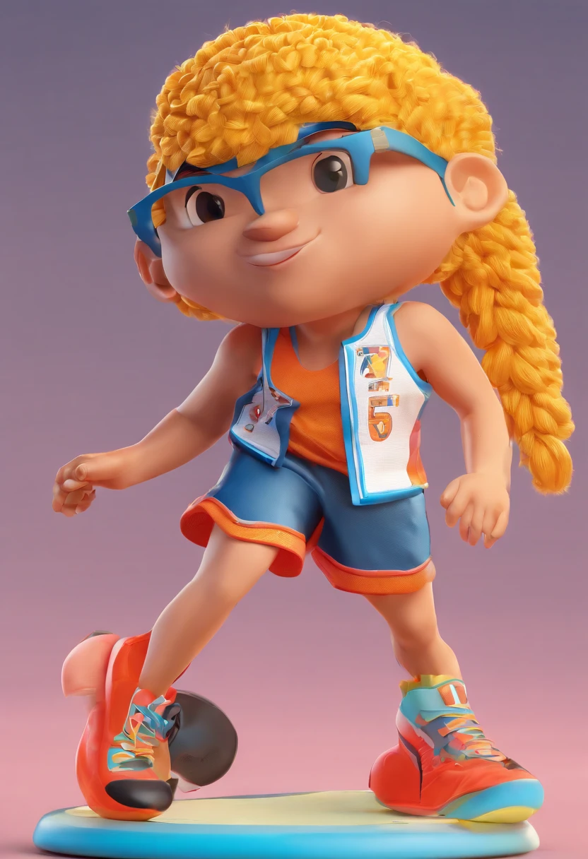 Personagem alto, pouco acima do peso de bermuda folgada estilo surfista, regata de basquete de time da nba, usando chinelo,Home is blond and hair has a topknot