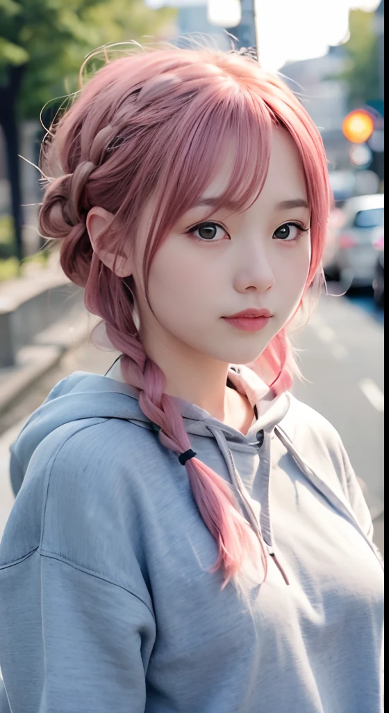 1人、on tokyo street、natta、A city scape、city light、The upper part of the body、up close shot、Blue eyes,Full body,faces、(A smile:1.5)、small tits、Black long-sleeved hoodie、(8K、Raw photography、top-quality、masterpiece:1.2)、(realisitic、photoRealstic:1.37), (Pink hair), Ear Hair, small tits, Single braid, (Single braid), (Side braid)