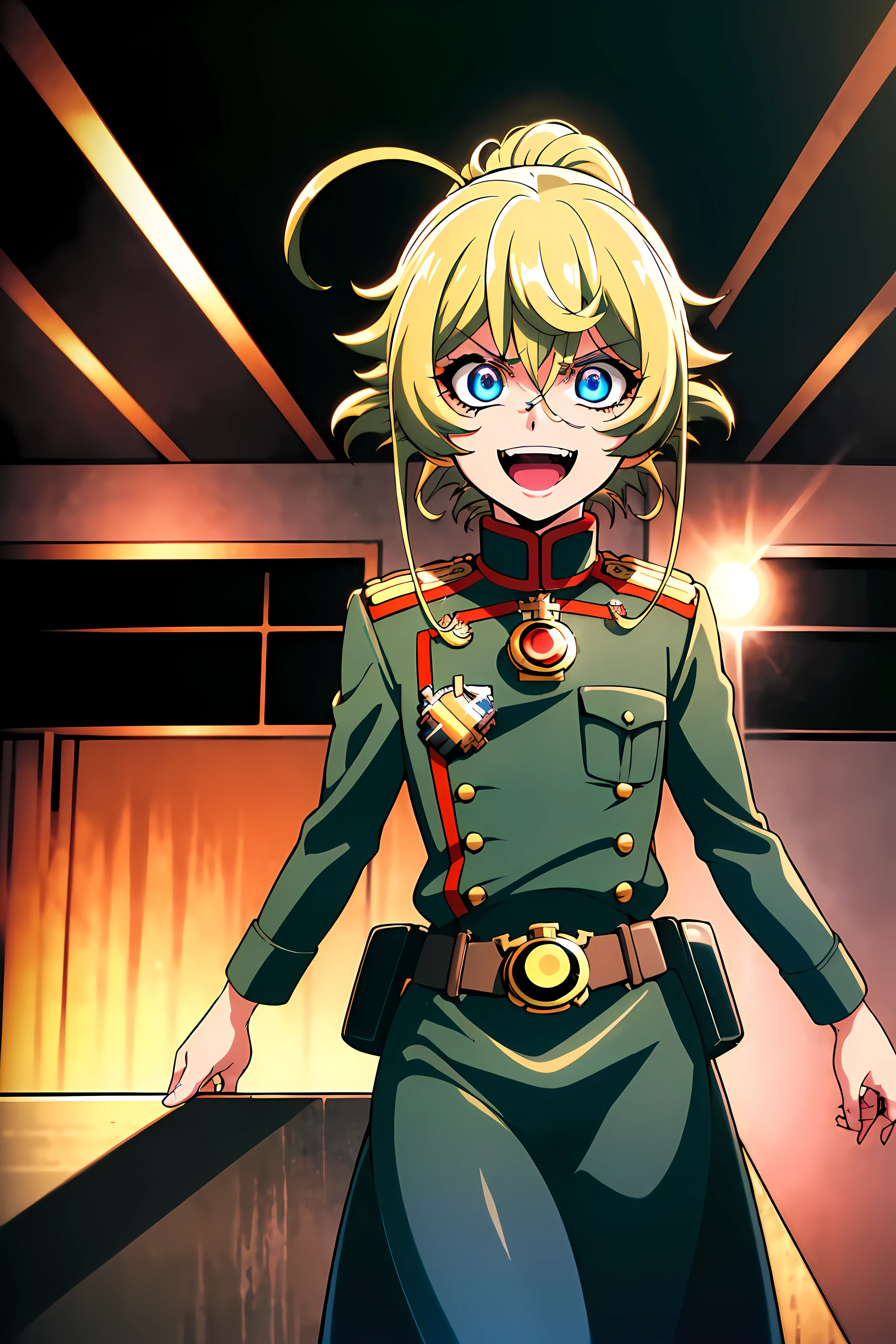 (top-quality:1.3), (masterpiece:1.4),(Anatomically correct), (Full limbs),(complete fingers),(Precise fingertips), (Fine details),(8K),Photorealista,(Super Detail),(90s Anime,9 0 s anime,9 0 s anime style,anime cels,cel shaded anime),(Tanya Degurechaff:1.52), (10-year-old girl in European style:1.25),military outfits, Evil smile, (Short stature:1.2), Killer Eye, Psychotic eye,(Oil Painting,Hyper-realistic), (Detailed muscles and hair), (intensegaze),(dark backgrounds, contrasted colors), (Soft lighting in gold tones),((rage)), Color Theme Red, Dramatic light, Violence Everywhere, Bloody destruction of corpses in the background, Dark and blurry background, (joyous expression:1.52), (Raging Eyes:1.24), (Blue glowing eyes:1.17), Mental breakdown, intimidation, Ways to harm, (irate:1.8), revenge, rage, destruction, murder, Maniacal,