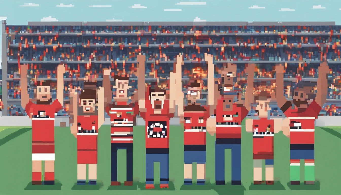 Male fans with 8 fans in a stadium in the background celebrating happily all wearing Club Athletico Paranense t-shirt celebrating happily high quality