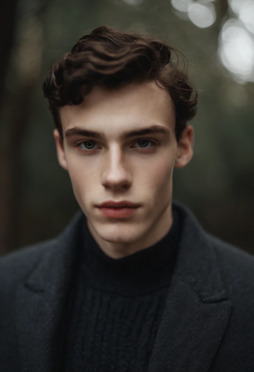A white boy with slightly slanted brown eyes, a typical Italian thin nose with freckles. medium wavy hair extremely black like the waves of the sea, 18 years old pale skin and striking eyebrows but not that big, noticeable eyelashes reminiscent of freckles and extremely black hair. high qualiy. its a boy 18 years