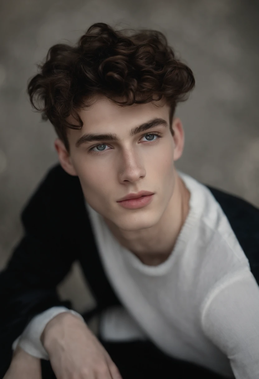 A white boy with slightly slanted brown eyes, a typical Italian thin nose with freckles. medium wavy hair extremely black like the waves of the sea, 18 years old pale skin and striking eyebrows but not that big, noticeable eyelashes reminiscent of freckles and extremely black hair. high qualiy. its a boy 18 years