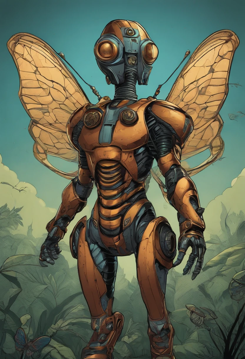 um close up de um personagem de desenho animado com um traje de borboleta, Design de personagens de quadrinhos dos anos 90, Asa Ciborgue, insectoid, steampunk superhero, inspirado em Tim Doyle, insectile forearms folded, detailed cosmic angelic robot, arte pop borboleta, Ultra Mega Super Detalhe, cosmic horror entity with wings, personagem de quadrinhos, Vespa ciborgue, full-colour illustration