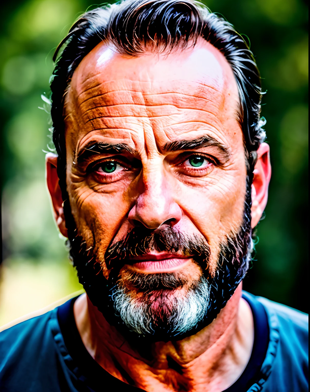 homem, branco, 55 anos, 1,66m 75 kg, olhos castanhos esverdeados, barba grisalha, cabelos loiros escuros um pouco grisalhos como Rick Grimes de The Walking Dead, meio corpo, XF IQ4, 150MP, 50mm, ISO 1000, 1/250s, luz natural, Adobe Lightroom, photolab, Affinity Photo, PhotoDirector 365