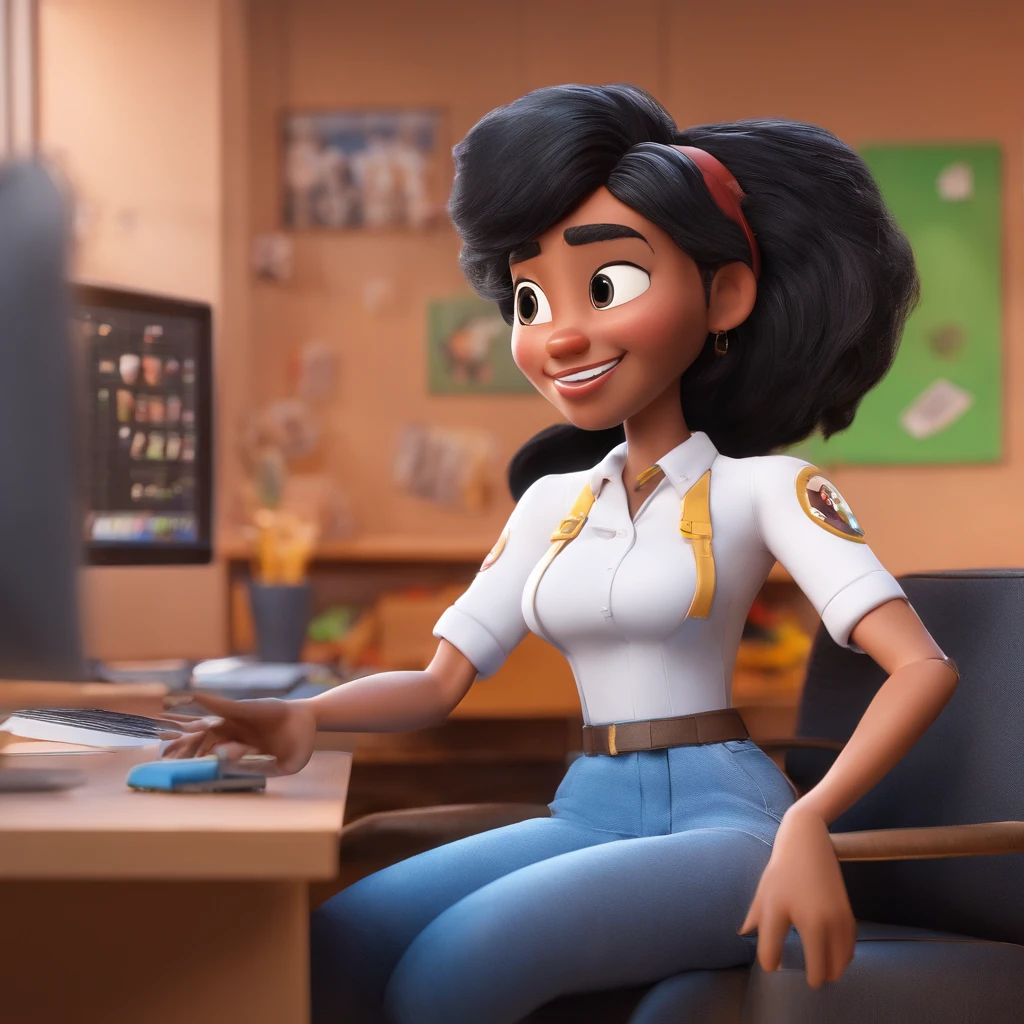 Crie um cartaz inspirado na Disney Pixar com o personagem sendo uma mulher de cabelo longo preto partido no meio de jaleco branco , In an office with chips on the desk attending to a person on the couch