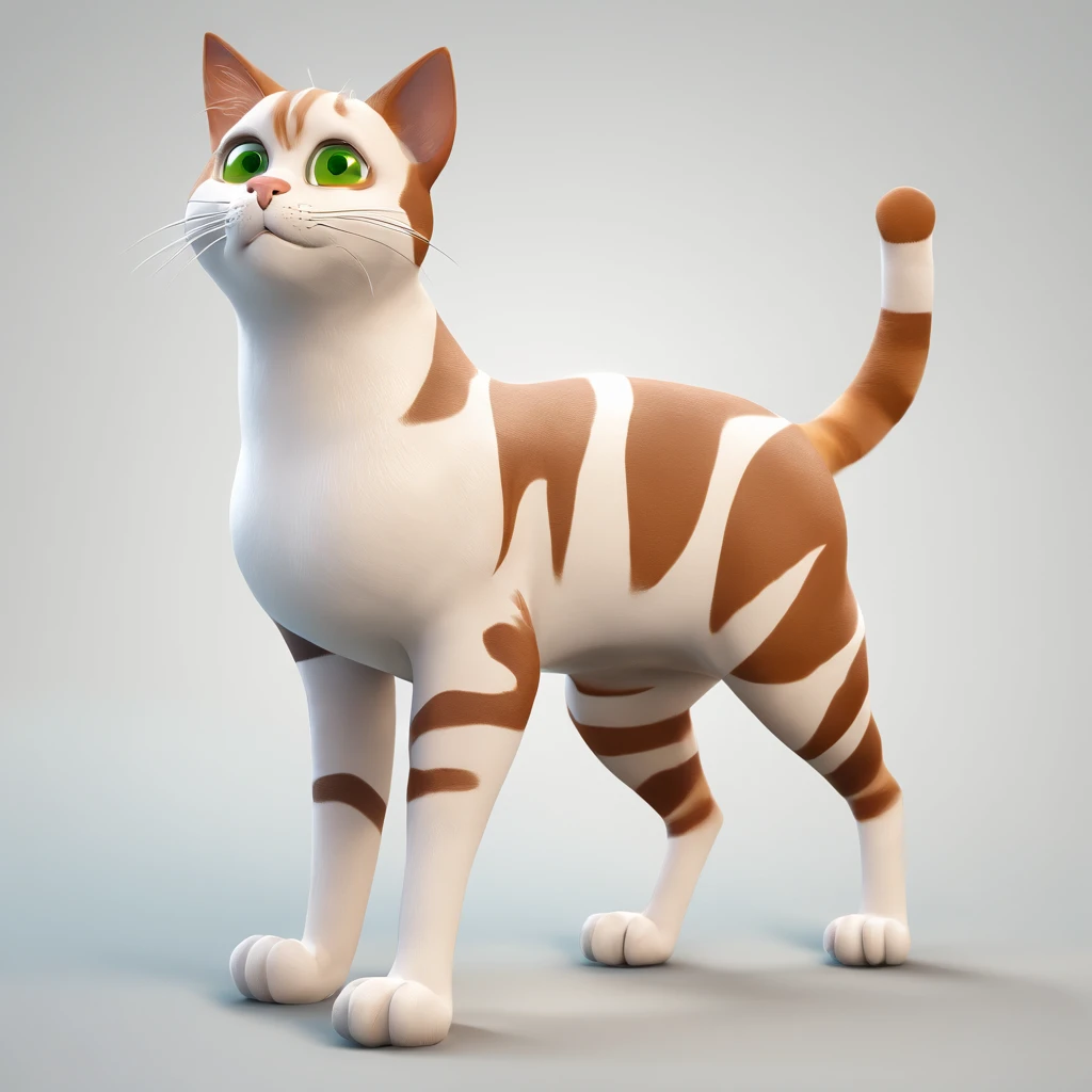 a pixar-style 3d cat that is white in color and has brown color patterns. Cat has pointed ears and green eyes, looking, standing on two feet with hands in T pose style, full body on plain background