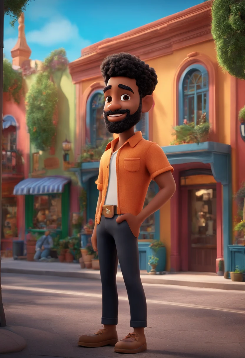 Disney/Pixar-inspired 3D poster capturing a scene of a cute 20-year-old with a soul patch beard, cabelo desbotado de navalha preta, camisa preta, Black pants on the background of a clothing store