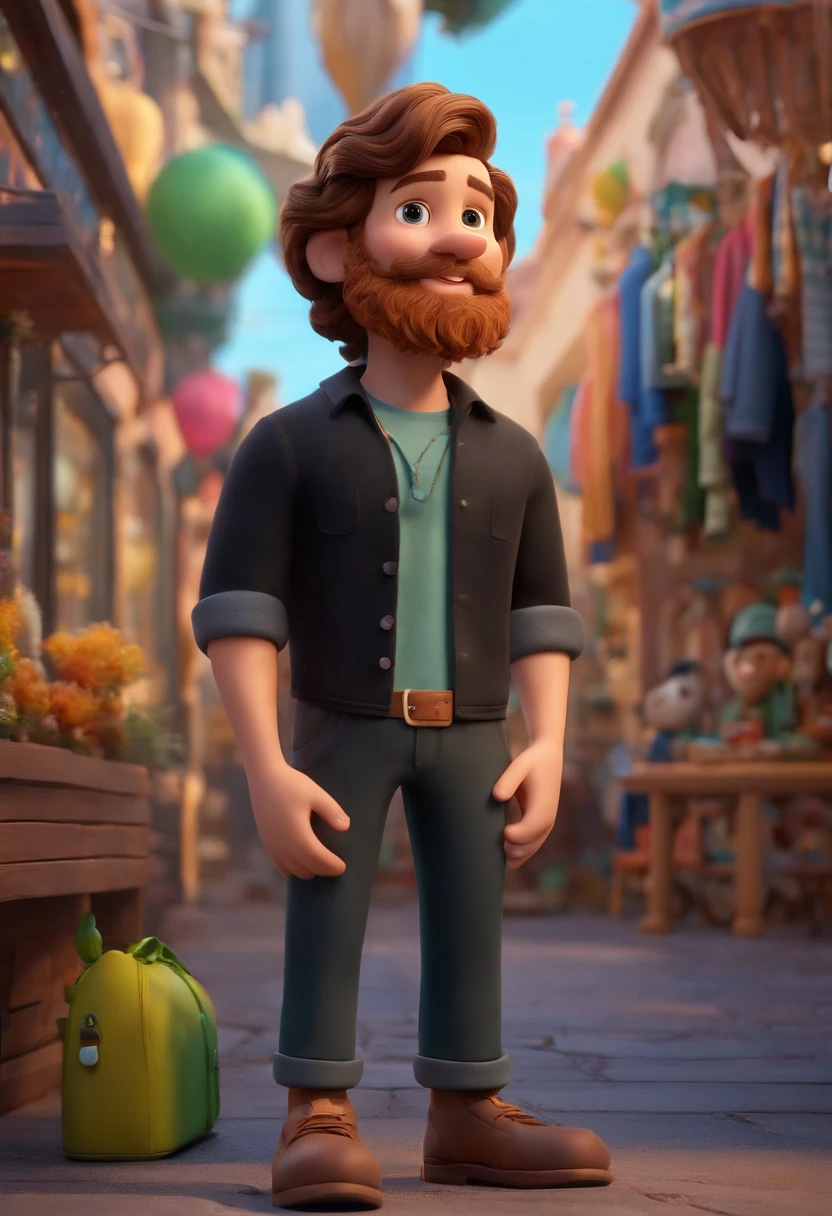 Disney/Pixar-inspired 3D poster capturing a scene of a cute 20-year-old with a soul patch beard, cabelo desbotado de navalha preta, camisa preta, Black pants on the background of a clothing store