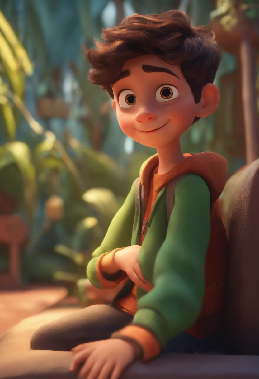 Image of a boy for a story in a YouTube video in Pixar format, He's the allabester, He's the class leader, He's outgoing, Playful and gets up for a lot of things, cabelo curto