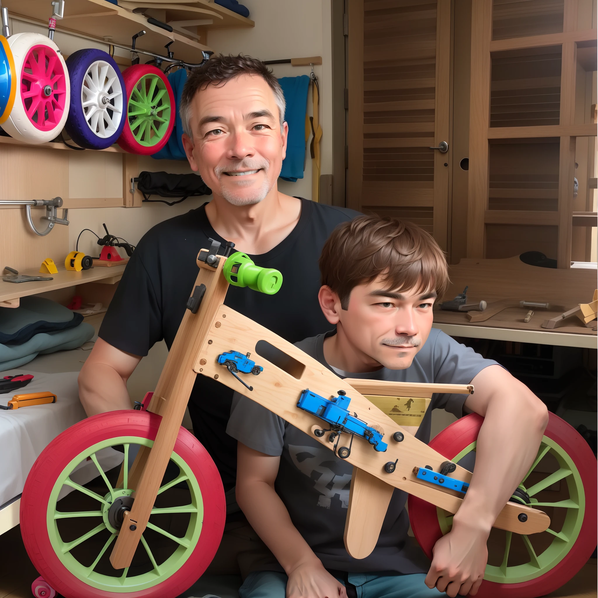 Father and son making a wooden balance bike at home