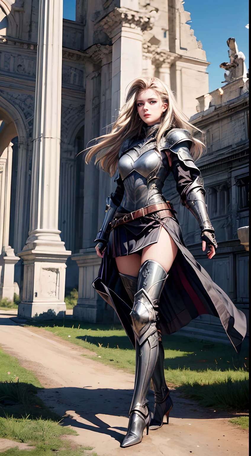 Pretty women, 20yr old,a woman in armor,Solo,Ukrainian,Black Armor,high heels boots,Full body portrait,From Side,Woman knight,Slender body,robe,Perfect face and nice perfect face, Surreal concept, 8K resolution, photographic quality, Walk through the ruins, Photorealistic,A detailed eye,Smile,