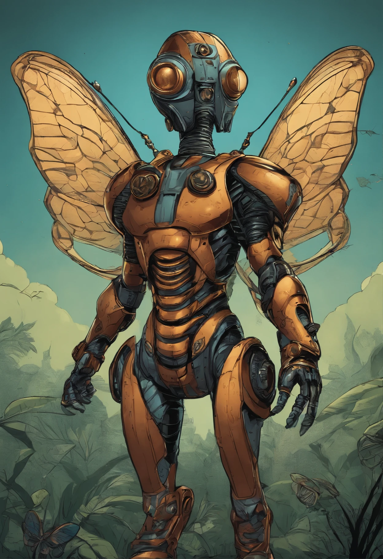 um close up de um personagem de desenho animado com um traje de borboleta, Design de personagens de quadrinhos dos anos 90, Asa Ciborgue, insectoid, steampunk superhero, inspirado em Tim Doyle, insectile forearms folded, detailed cosmic angelic robot, arte pop borboleta, Ultra Mega Super Detalhe, cosmic horror entity with wings, personagem de quadrinhos, Vespa ciborgue, full-colour illustration