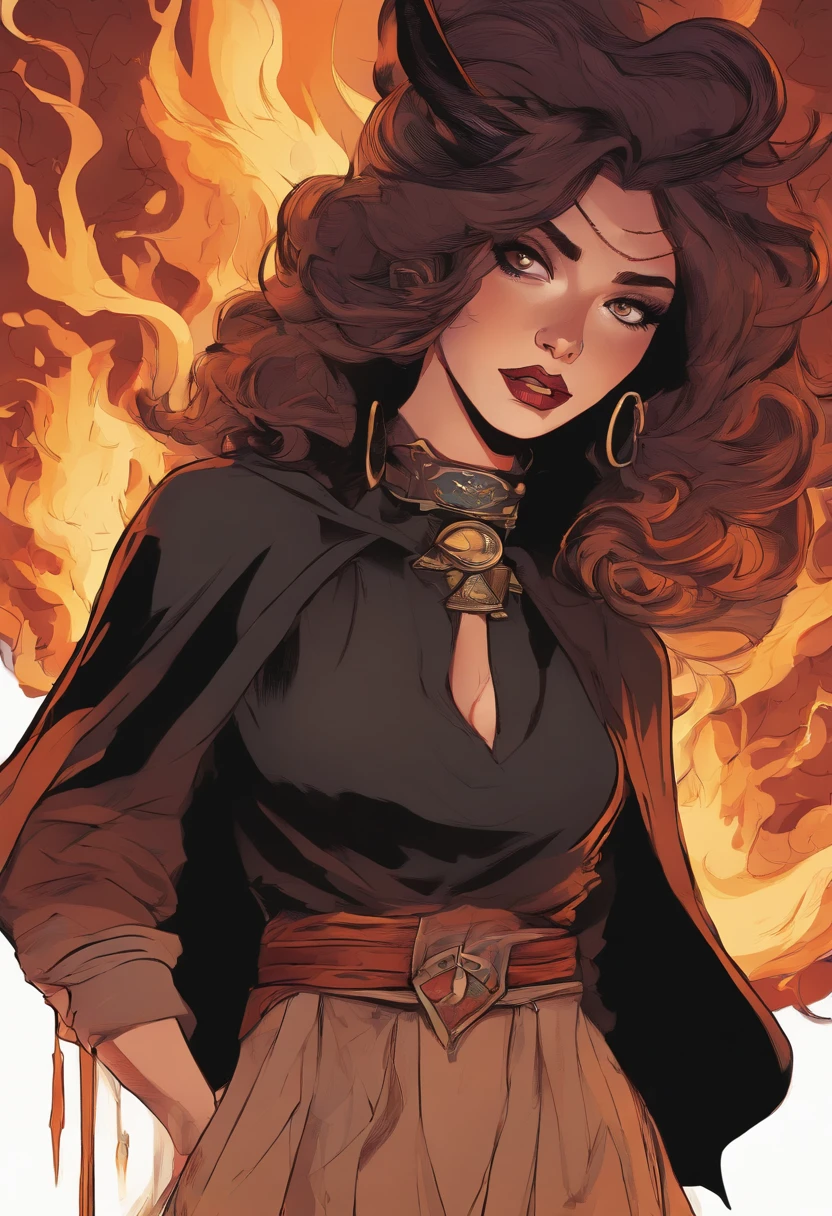 There is a woman standing, witchy, Black Dress, Brown straight hair, chocker on neck. There is a flame around, Dark color scheme, An evil expression on his face, Danger