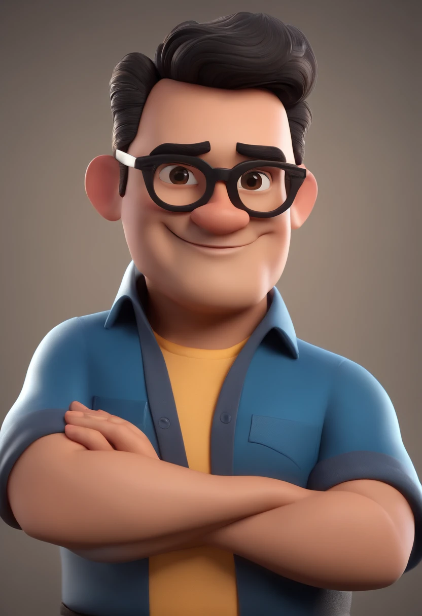 Cartoon character of a man wearing black glasses and a blue shirt, um personagem animado, Caractere estilizado, animation style rendering, 3D estilizado, Arnold Maya render, 3 d render stylized, toon render keyshot, Personagem 3D, Personagem 3D, 3d rendering stylized, 3 d character render, personagem de desenho animado, Personagem de close up, Pose de personagem, (Estilo Pixar) (master part:1.2) (Bokeh) (best quality) (pele detalhada) (textura detalhada) (8k) (argila) (Cinematic lighting) (foco nítido,Senta e vaza a parte superior do corpo