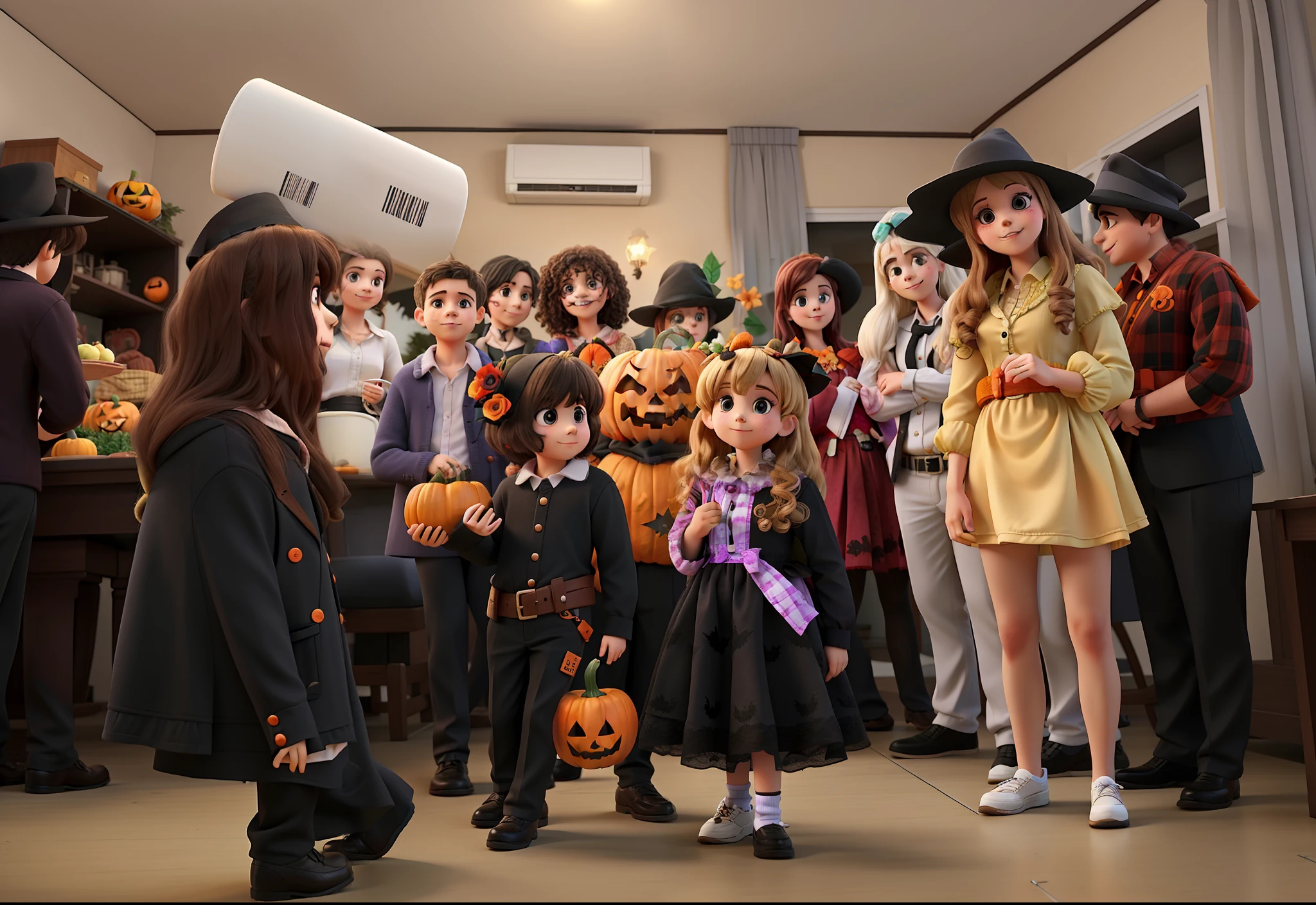 A group of adults and children dressed up for a helloween party