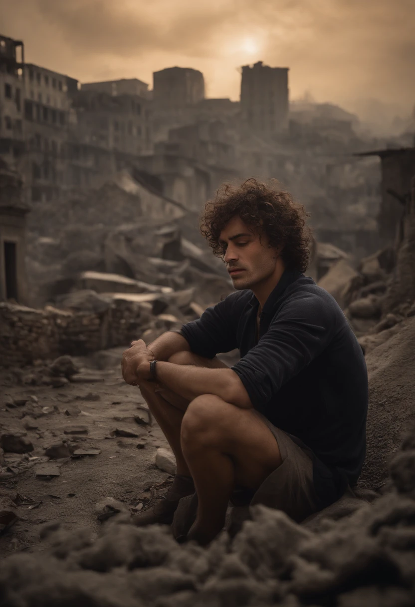 Ultra-realistic depiction of a man sitting lazily ((dried tear drops)), messy and curly hair, rosto empoeirado e pano,(( A destroyed city in the background, fire, ((Human corpse on the ground)), Some people are crying, destroyed building)), uma borboleta senta-se no dedo indicador, (((She's looking at the butterfly and a little smiling))), hiper detalhado, Dynamic color, tom preto e cinza, imagem super emocional, Set in a frighteningly dark setting and surrounded by dark and turbulent smoke. A imagem deve estar em um cativante 3:Formato 4."