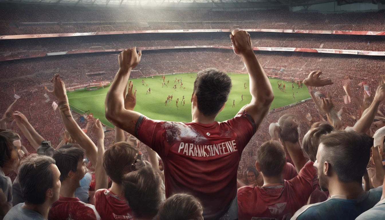 Male fans in a stadium in the background celebrating happily all wearing Club Athletico Paranense t-shirt celebrating happily high quality