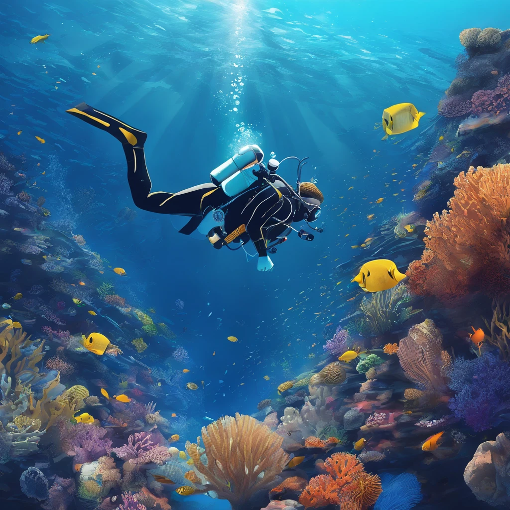 (best quality,ultra-detailed,realistic:1.37),scuba diver,underwater exploration,deep sea adventure,female diver,close-up view,clear blue water,dynamic lighting,fluid motion,diver's equipment,peaceful silence,spectacular coral reefs,reef fish,school of colorful fish,sunlight penetrating the water column,splendid underwater world,submerged beauty,serene atmosphere,diver's perspective,air bubbles rising to the surface,sun rays shining through the water,dive mask,dive suit,dive regulator,recreational diving,deep-sea discovery,minimalist,unobstructed view,enchanting marine life,distant ocean horizon,sense of freedom and tranquility,exploring the unknown,deep breaths in the abyss,mind-blowing underwater scenery,adrenaline rush,diving adventure of a lifetime,sublime exploration of the ocean depths,wonder and awe in the underwater realm,limitless possibilities beneath the waves,embrace the serenity of the deep blue sea