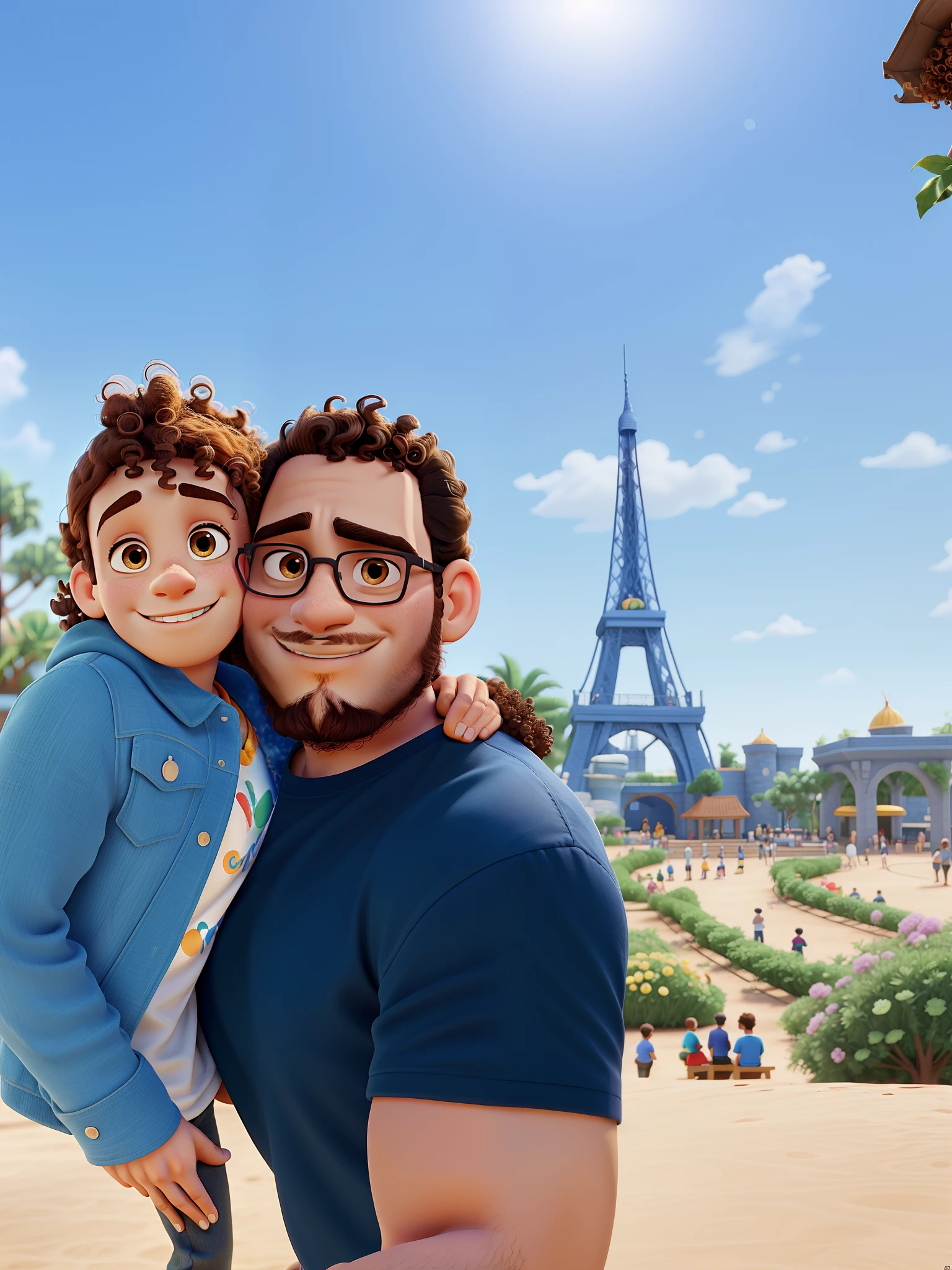 Portrait of man with curly head, da sul-americano, e sua filha no colo foto detalhado em estilo poster da Disney Pixar