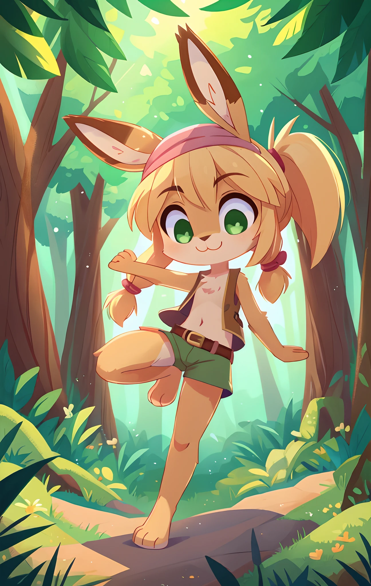 Furry girl, kangaroo, cute hair, two ponytails, blonde hair, green eyes, small breasts, detailed body fur, brown vest sleeveless, open clothes, nude torso, red belt, green shorts, masterpiece, looking at you, two tone body fur, beige body fur, clear beige body fur, detailed face, big eyebrows, detailed eyes, detailed body, forest, clear sky, detailed hands, glistering body, skinny, pink headscarf on head, :3, full body, big feets, feets whit three toes,