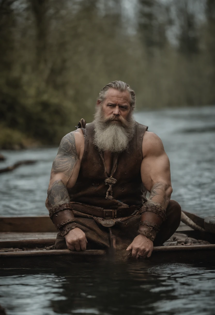 A very oiled full body Viking warrior bodybuilder A smiling, sweaty old man with long wavy gray and blonde hair extremely muscular and extremely fat over 70 years old weighs over 600 pounds very muscular very hairy large pecs with gynecomastia Large dark pointed nipples forehead to a viking warship in a fjord wearing a small leather skirt