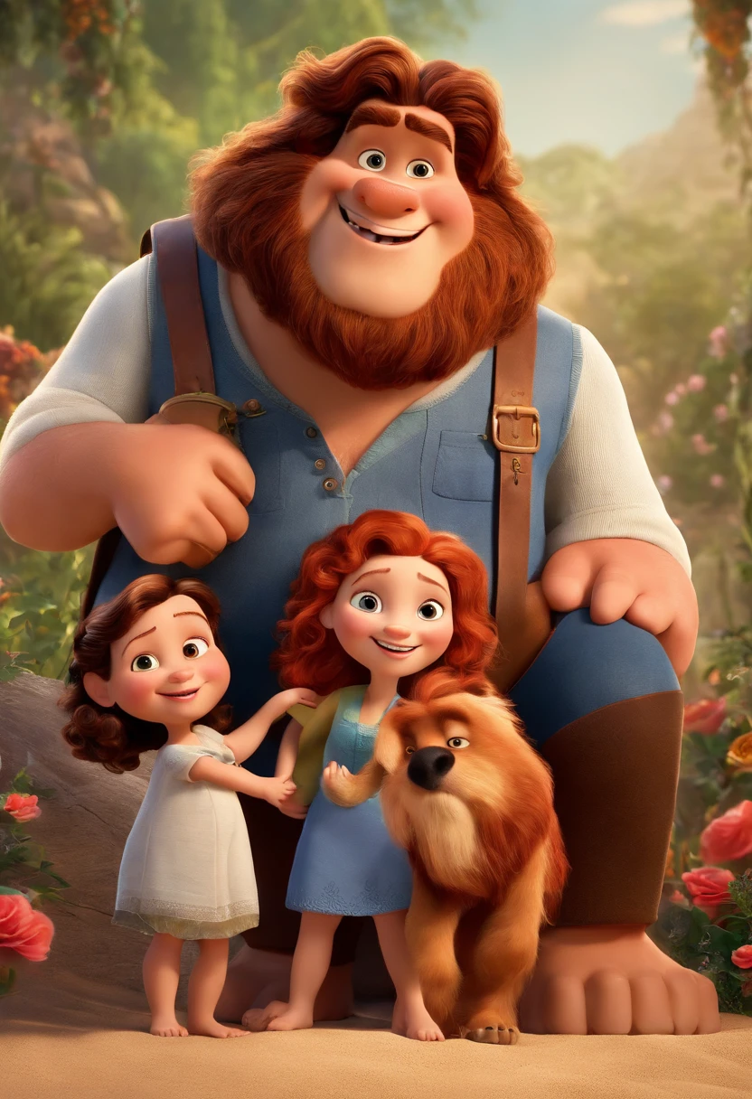 a Disney Pixar movie poster showing a white-skinned family. The father is the tallest, Tem barba curta, loiro, cabelos curtos e espinhosos. The mother has brown eyes and hair, shoulder-length and is slightly overweight. A tem 4 anos e cabelos castanhos, roupa rosa e rabos de cavalo. The background is a beach garden. 3D-rendering