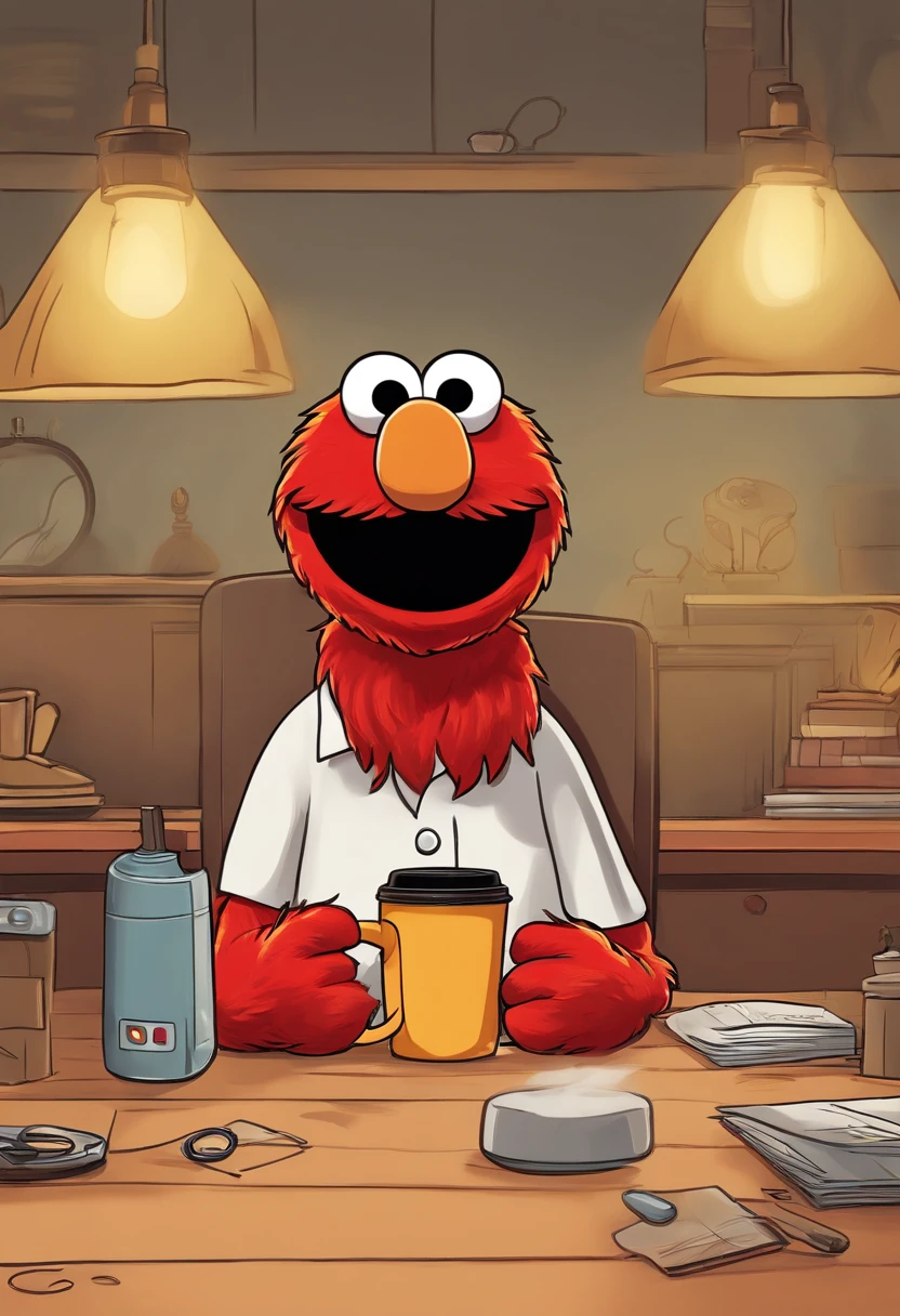 (master part, best quality, 2d illustration, 2D, O melhor da artstation),(1 boneco Elmo, Muppet, Elmo, red fur:1.1), sitting behind a desk, Elmo como programador, amarelo redondo macio, tela do computador com muitos erros, computador mac pro, (everything is on fire, A cup of coffee is on fire,The room is on fire, Caos em segundo plano, thick clouds of smoke gathering on the ceiling,chamas enormes:1.2), Elmo is holding his flaming cup of coffee with two hands., (furry arms:1.3)