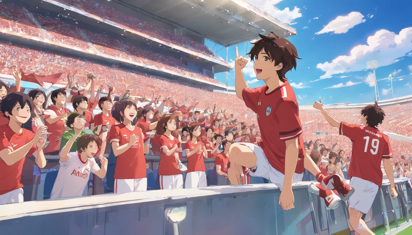 Male fans in a stadium in the background celebrating happily all wearing Club Athletico Paranense t-shirt celebrating happily high quality