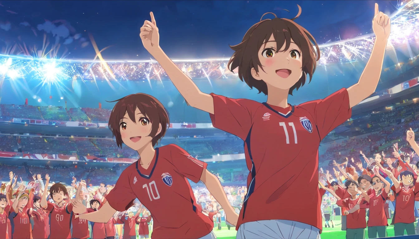 Male fans in a stadium in the background celebrating happily all wearing Club Athletico Paranense t-shirt celebrating happily high quality