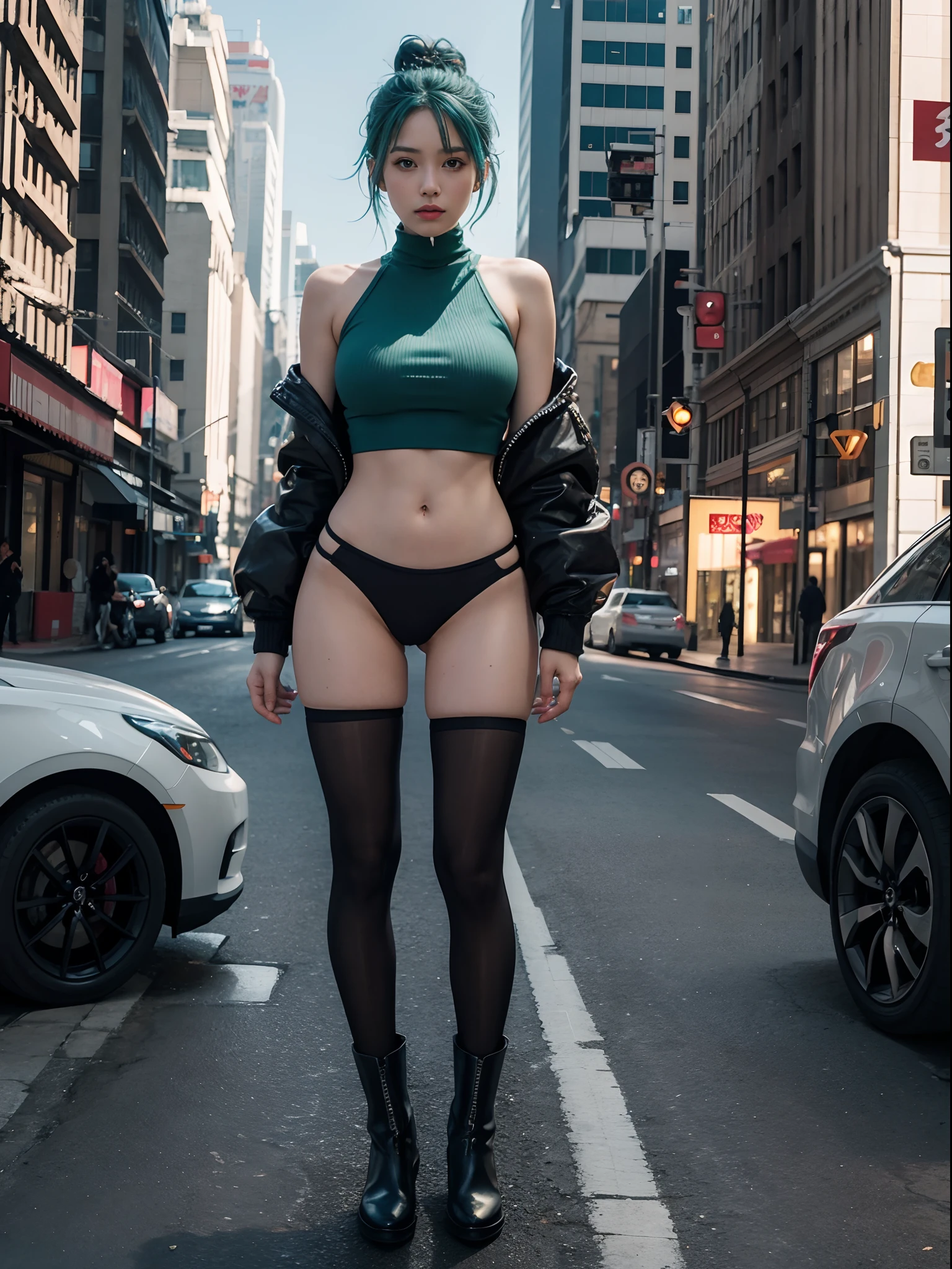{masterpiece,best quality,official art,extremely detailed CG unity 8k wallpaper}, {{{in the cyberpunk city}}}, photo, {{{realistic}}}, {{real}}, {{{{girl}}}}, short hair, double_bun, {aqua hair}, {{{stare}}}, {{{huge breasts}}}, serafuku, {{{{crop top}}}}, bare_legs, {{{no legwear}}}, boots, {{hands_on_hips}}, standing,view at the auidence