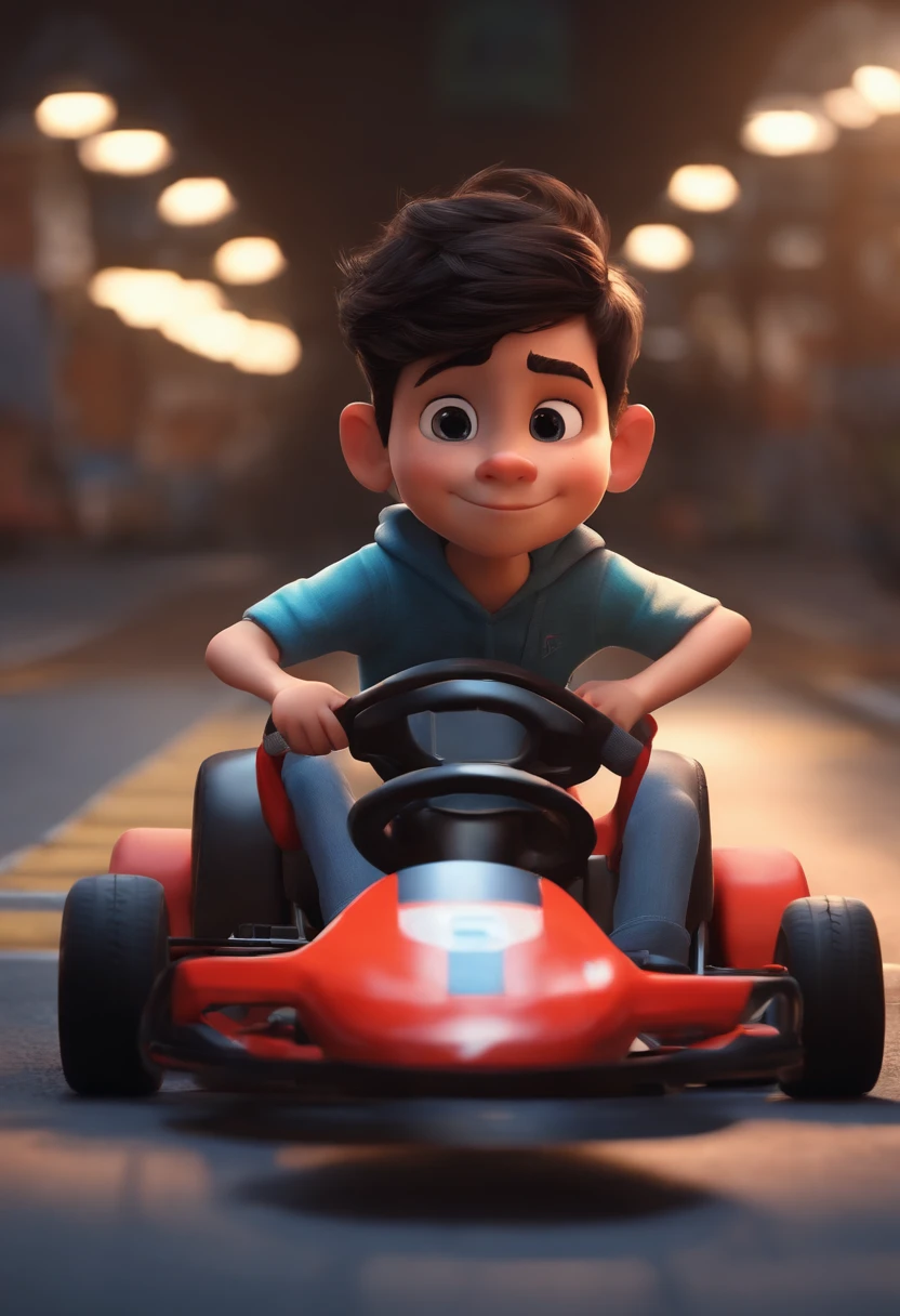 Image of a boy for a story in a YouTube video in Pixar format, he's little Anthony, a go-kart racer, He's a white boy with black hair