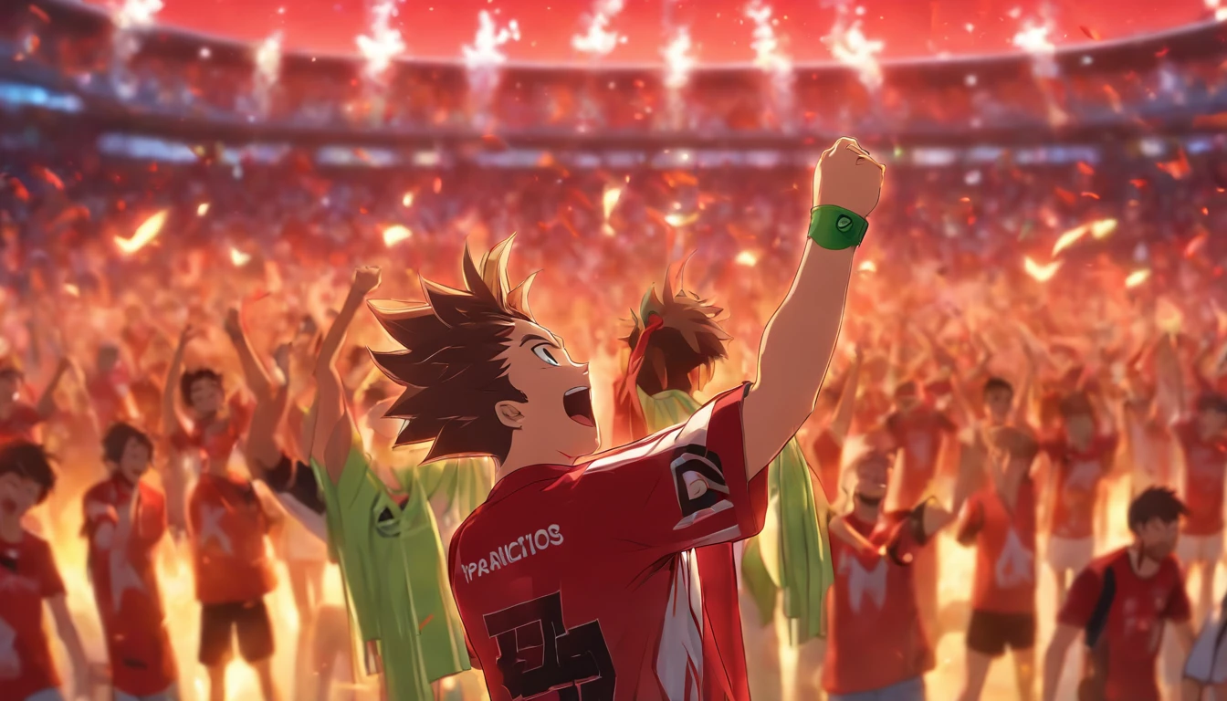 Male fans in a stadium in the background celebrating happily all wearing Club Athletico Paranense t-shirt celebrating happily high quality