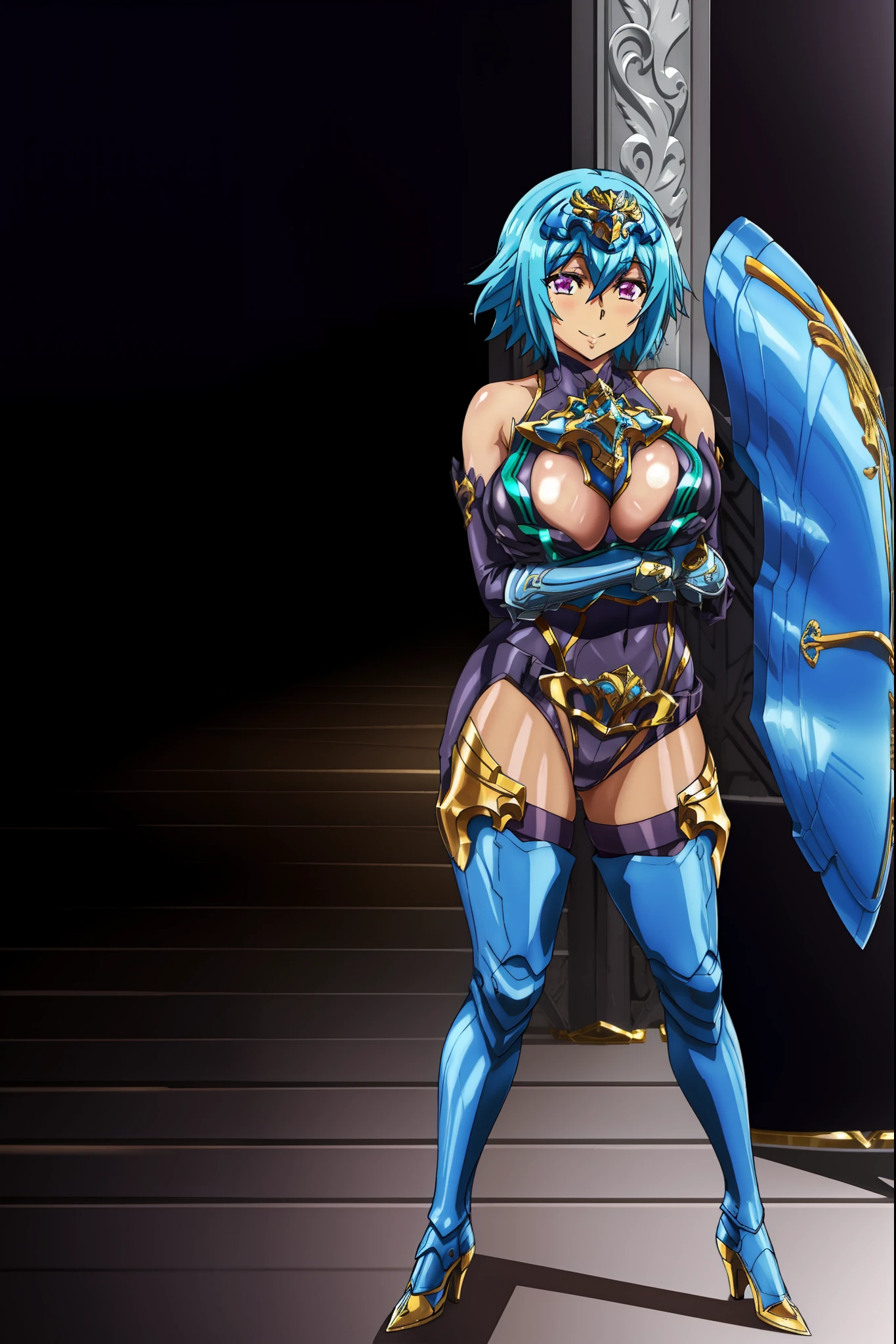 sandalphon (the seven heavenly virtues), masterpiece, best quality, 1girl, solo, thighhighs, short hair, blue hair, gauntlets, gloves, breasts, thigh boots, full body, leotard, boots, weapon, armor, shield, purple eyes, bare shoulders, belt, head wings, full body, boots, white body suit, smile, big breast, tall, latex suit,pantyhose, scarf,