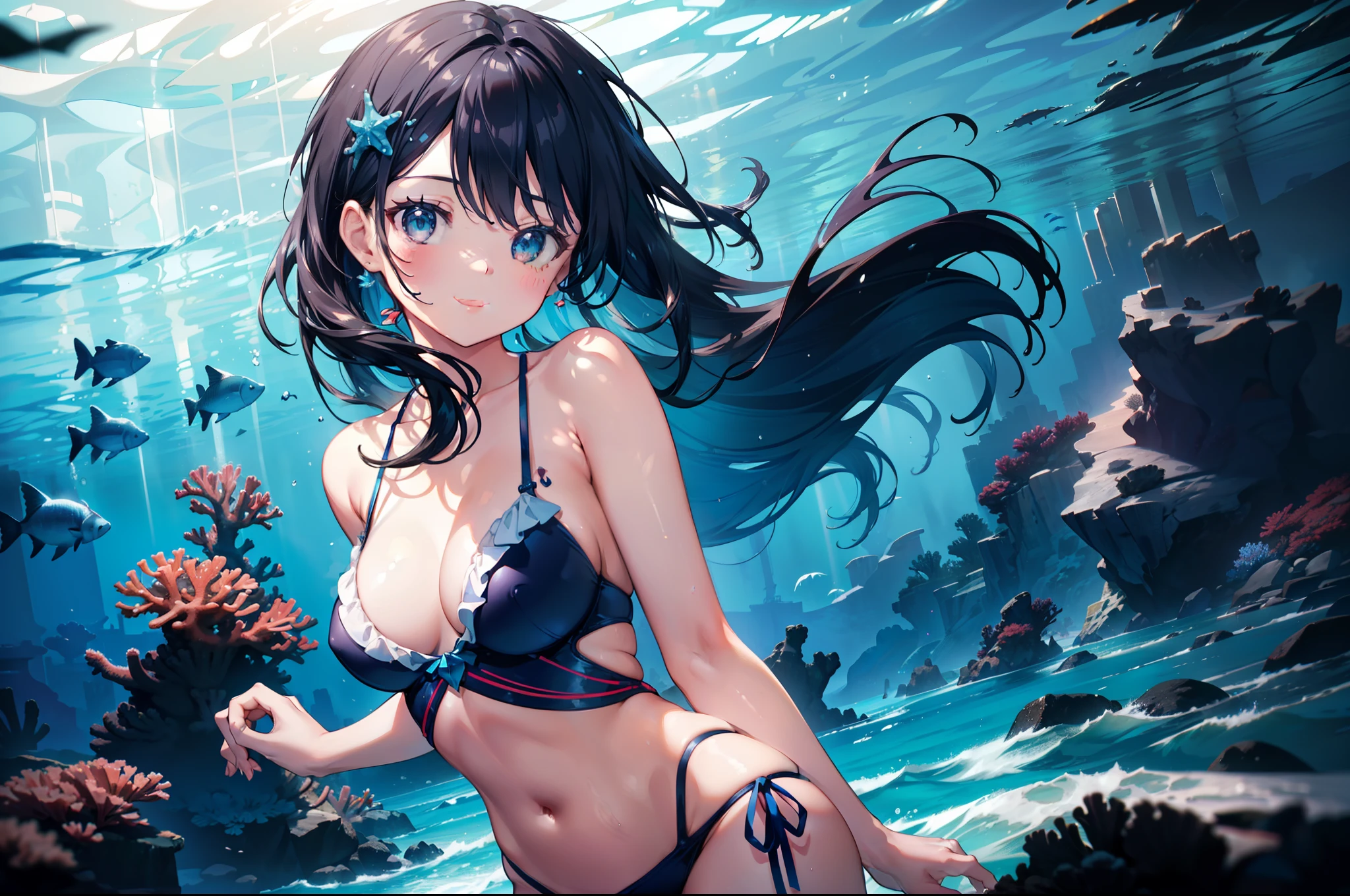 1 girl ,swimming in beautiful sea, (coral reef) ,(blue lighting ), (cinematic lighting) , cinematic angle,Dutch angle, (wide shot:1.1), front viewer ,bikini,smile ,black hair ,((masterpiece)), ((best quality)), ((ultra-detailed)), (illustration), ((an extremely delicate and beautiful))