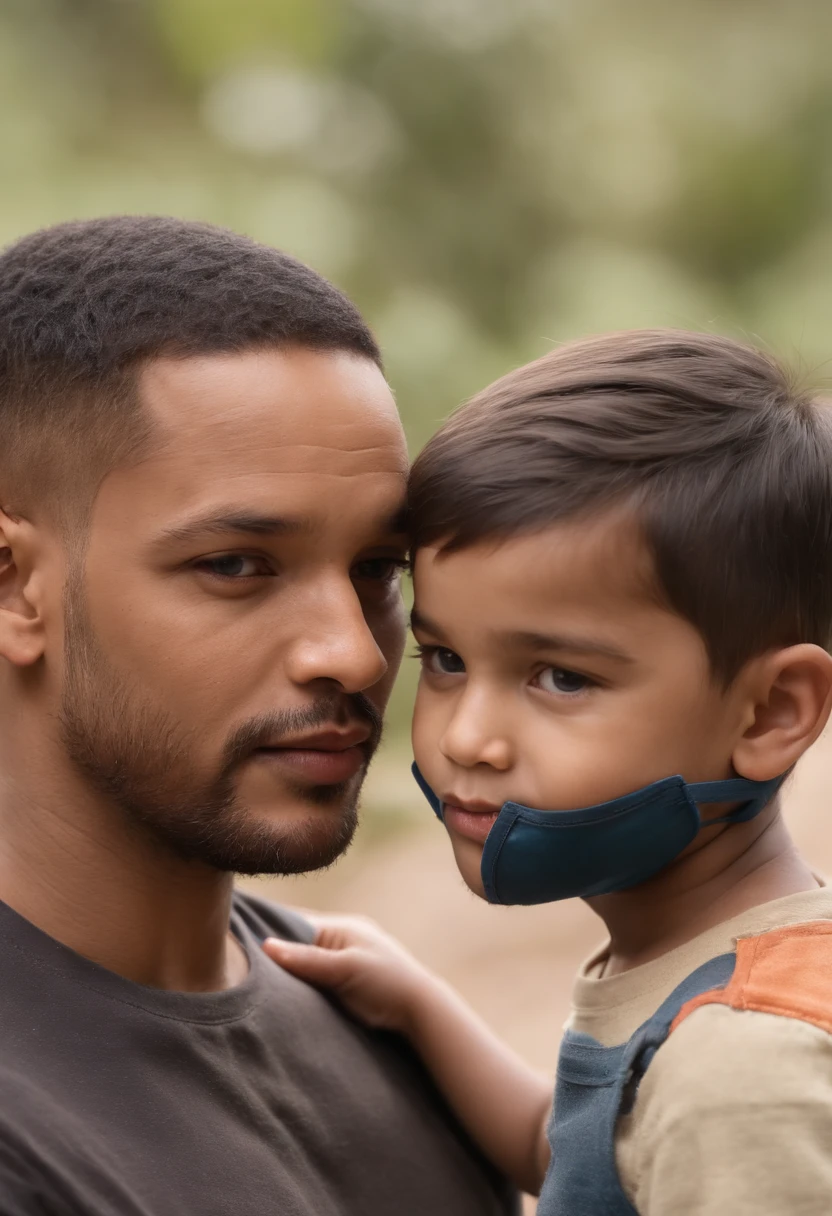 Ilustrar um momento sincero de um pai e seu filho pequeno caminhando juntos inspirado no will smith e seu filho, The gaze fixed on the camera, conveying their bond and determination amidst challenging circumstances Soft, diffuse winter lighting that conveys a sense of resilience and resilience, colocando a dupla em uma foto de close-up, capturando seus rostos e parte superior do corpo. The eye-level camera emphasizes their connection and depicts the shared determination of father and son ::n_Capture uma cena comovente de pai e filho caminhando, His eyes meet the camera with a reflection of the weight of his struggles