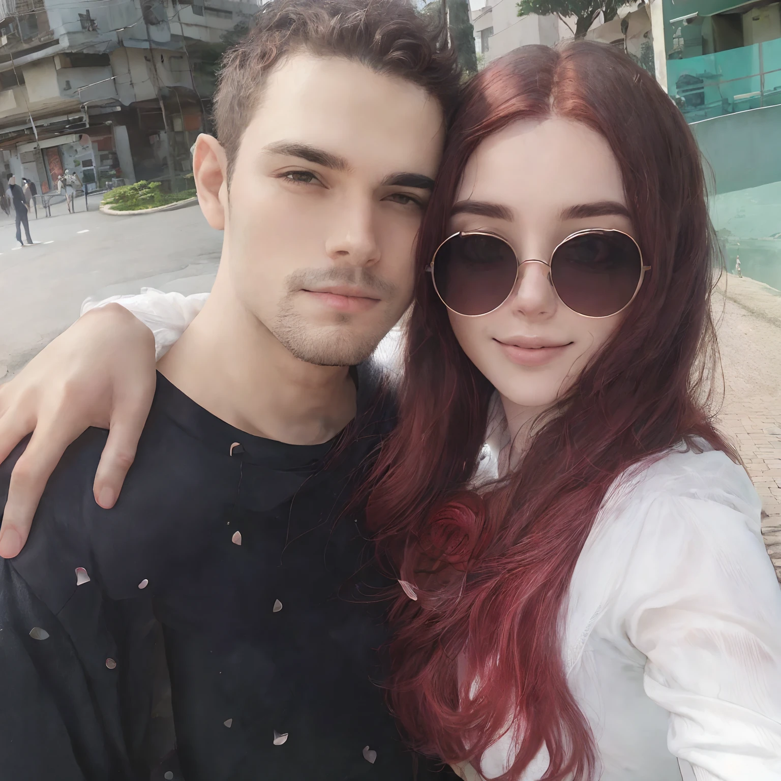 AraFFes with red hair and sunglasses posing for a Photo, Lovely couple, Charli Bowater e Artgeem, imagem de qualidade muito baixa, Directed by: Nandor Soldier, they are in love, selFie apaixonada, par, F / 1. 9 6. 8 1 mm iso 4 0, FotograFia selFie 8k, In Sao Paulo, pose de casal