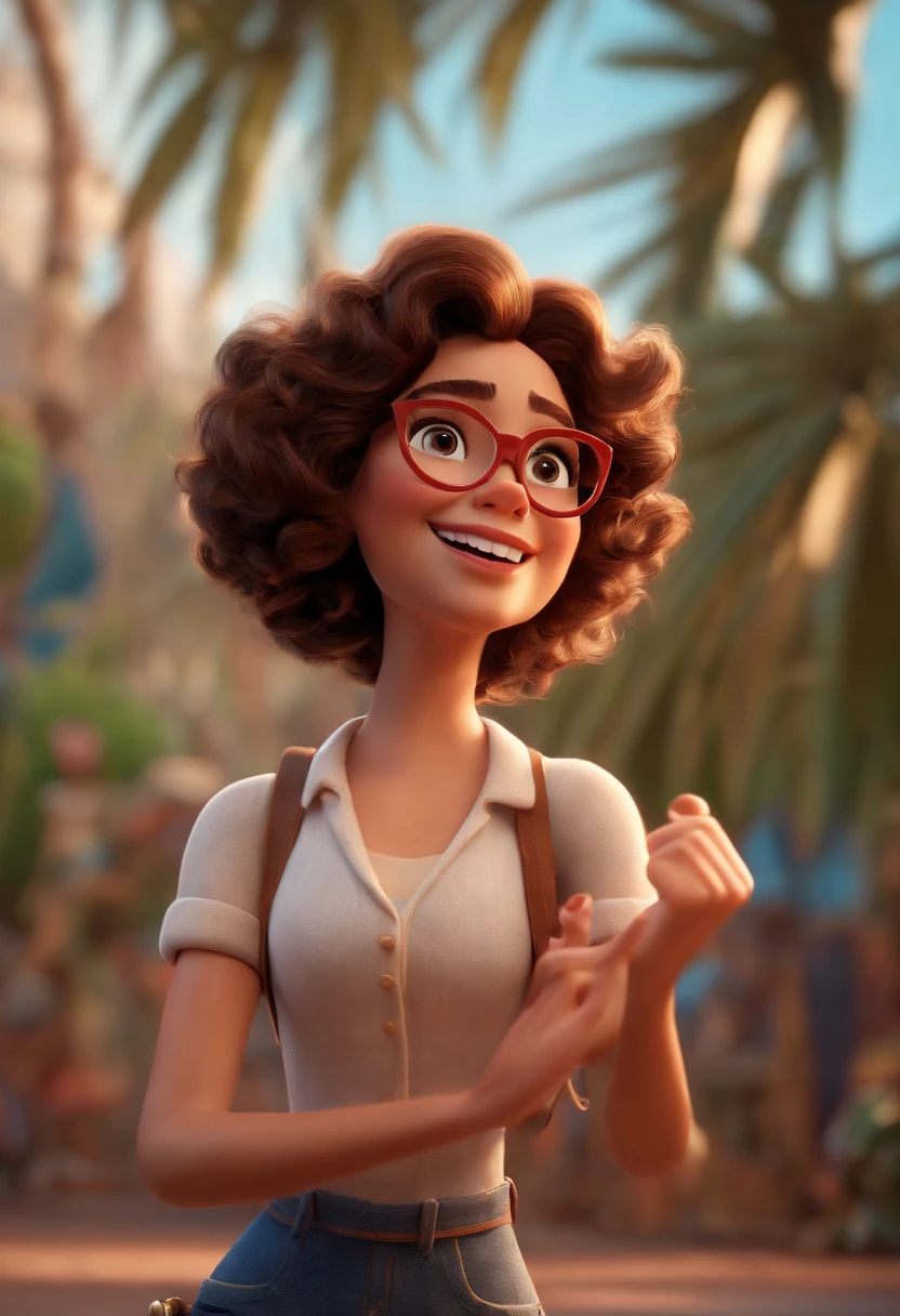Pixar style image with 3D character white glasses brunette woman short curly hair dancing, Maquiagem Disney,Pescador, bonitinho, sorridente ,Close-up, Pixar, Disney, Cinema lighting,