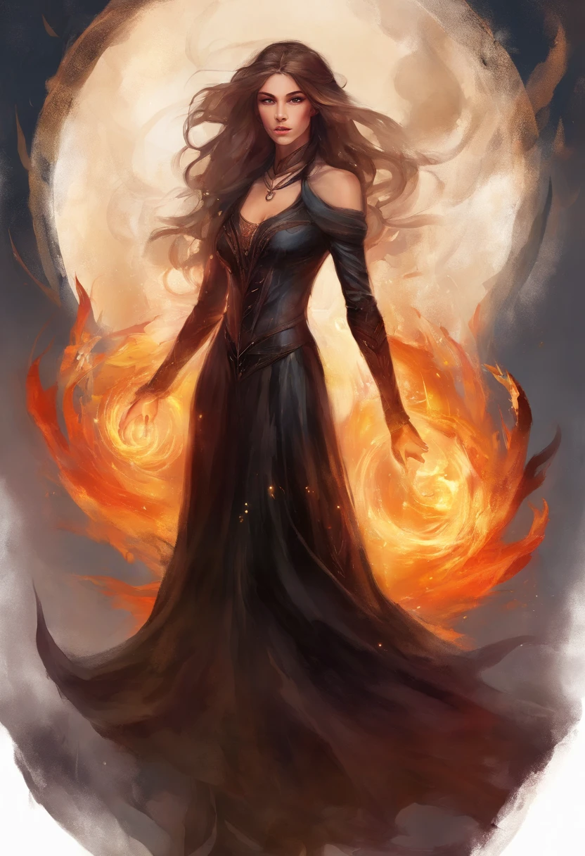 There is a woman standing, witchy, Black Dress, Brown straight hair, chocker on neck. There is a flame around, Dark color scheme, An evil expression on his face, Danger